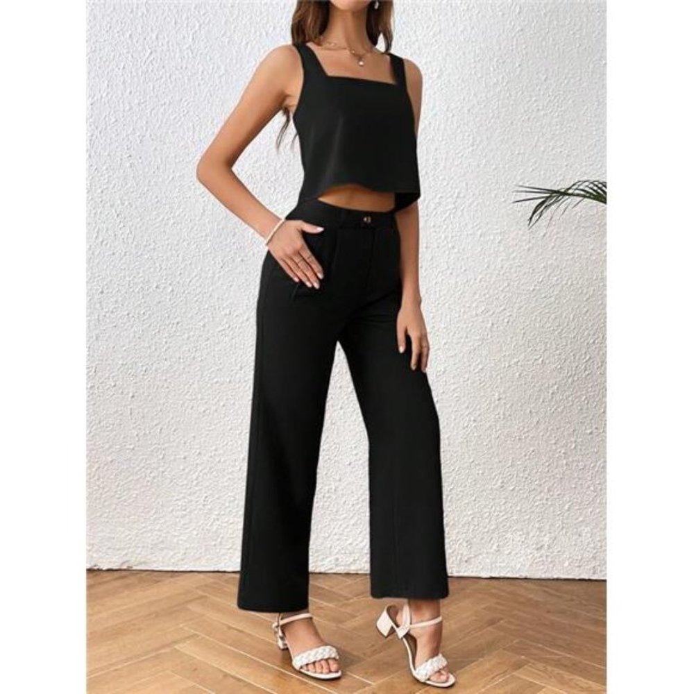 Solid Color Crop Top And Long Pants Vacation Woven Two Piece Set - Picture 5 of 5